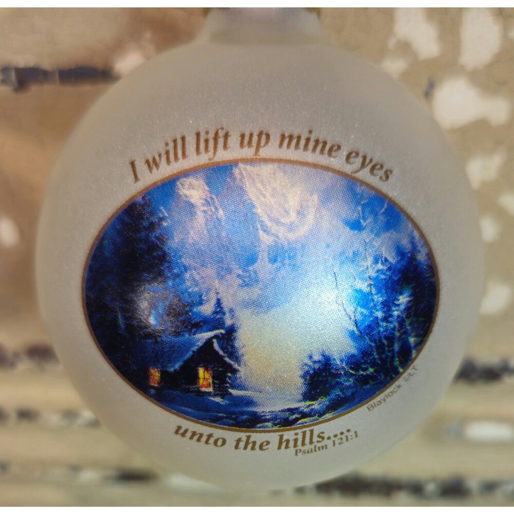 NIB White Glass Christmas Ornament "I Will Lift Up Mine Eyes..." Religious